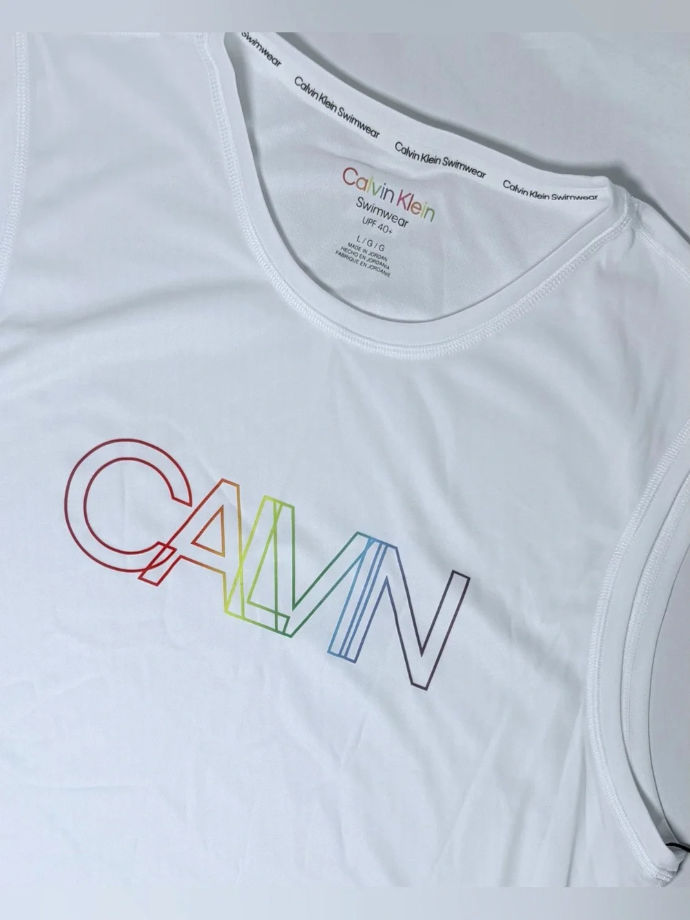 Calvin Klein Swimwear UPF 40+ Swim Tank Top Men's Large White Pride Rainbow NWT